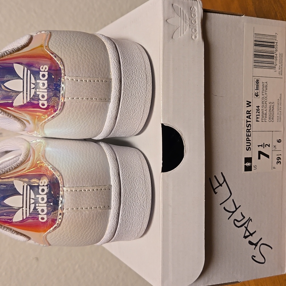 NIB, Adidas Superstar Sneakers, White Iridescent, Womens Size 7.5 - Picture 9 of 11